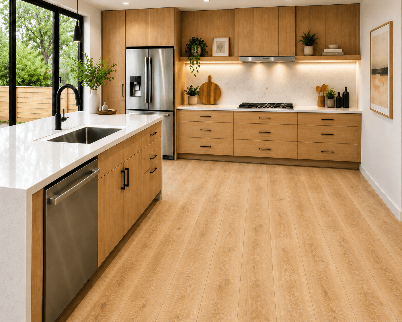 Kitchen with island table and open wood flooring